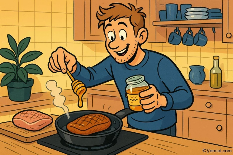 Homme ajoutant du miel à un steak à la poêle