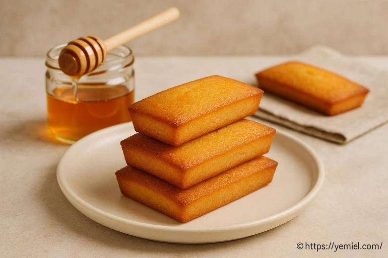Financiers dorés empilés sur assiette