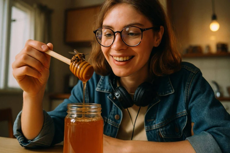 Femme souriante avec abeille sur cuillère miel