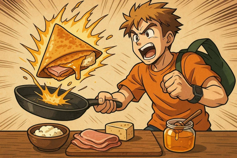 Jeune homme préparant sandwich grillé