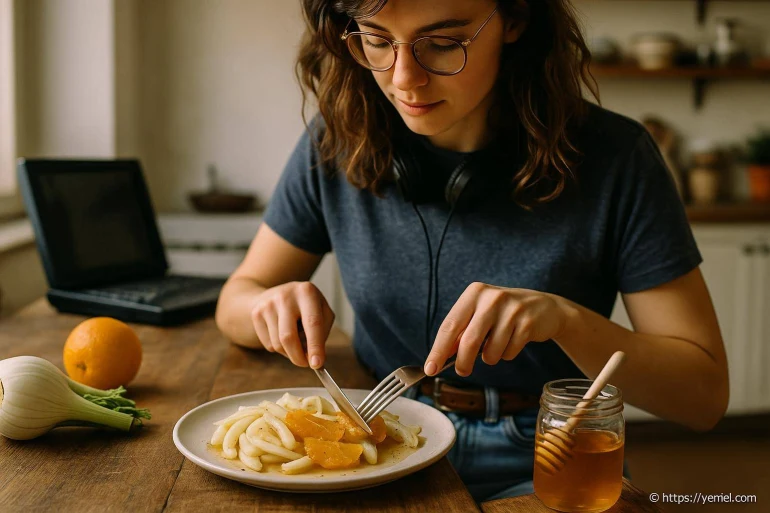 Jeune femme mangeant un plat de pâtes