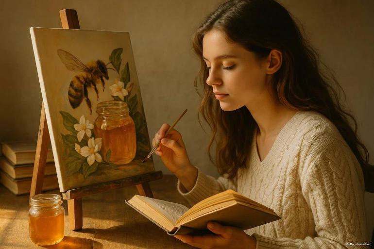 Femme peignant toile abeille et pot miel