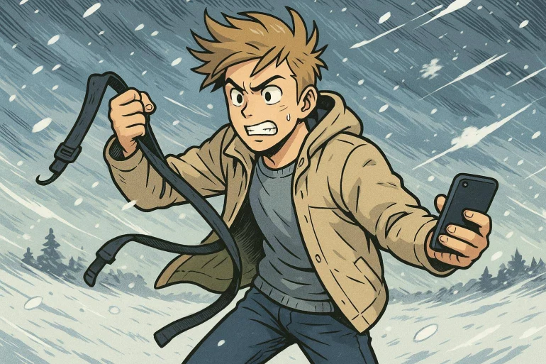 Jeune homme lutte contre tempête de neige