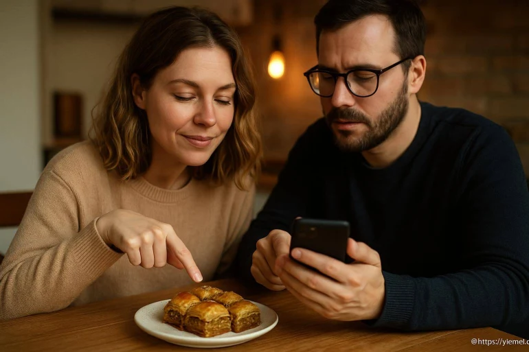 Couple partageant des pâtisseries baklava