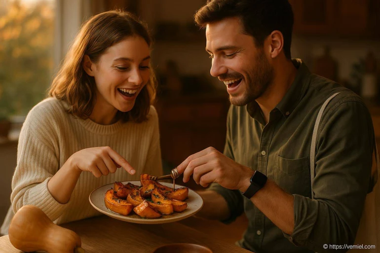 Couple dégustant courge rôtie au sirop d'érable