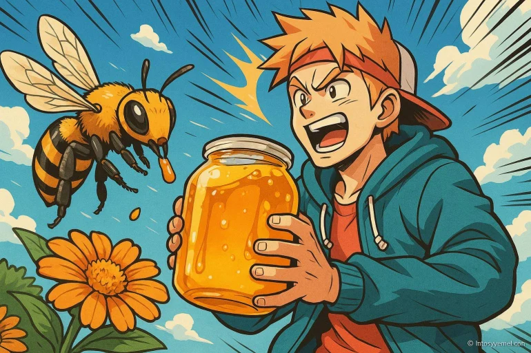 Jeune garçon surpris par une abeille près du miel