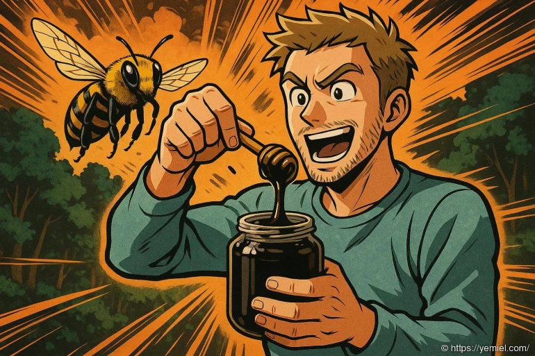 Homme heureux avec pot de miel et abeille