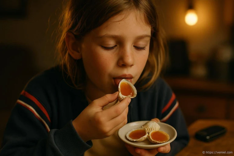 Enfant dégustant bonbons en coquilles