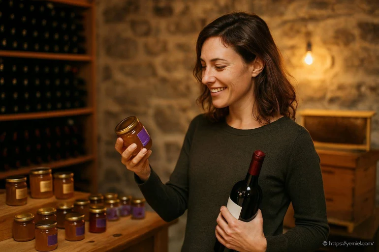 Femme souriante tenant pot miel et bouteille vin