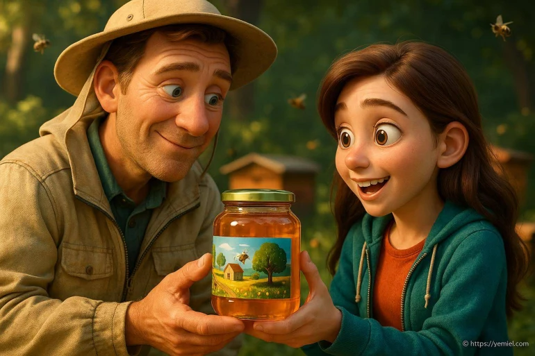 Homme et fille tenant un pot de miel