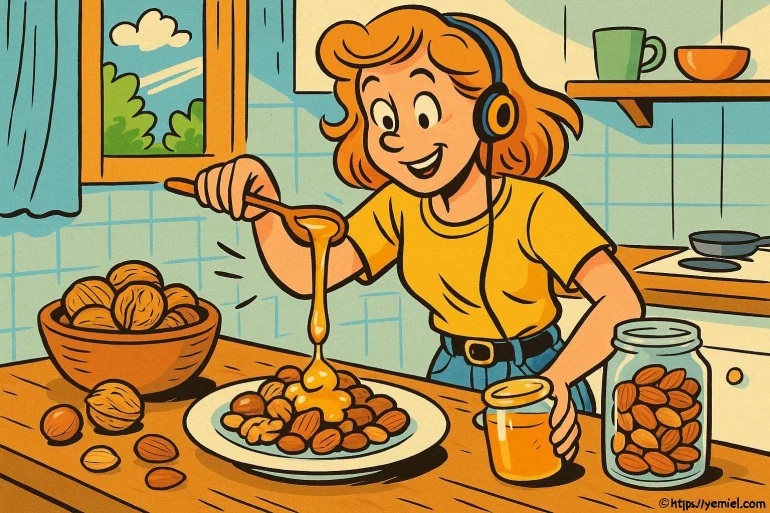 Femme verse miel sur noix et amandes