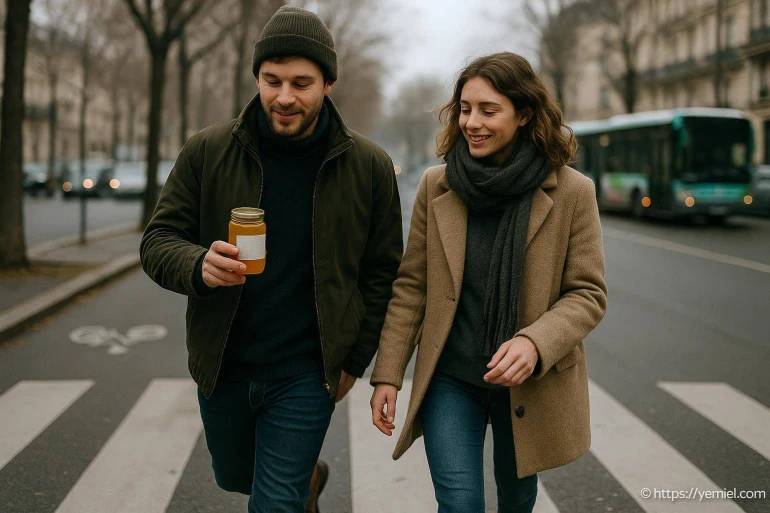 Couple marchant sur un passage piéton en hiver