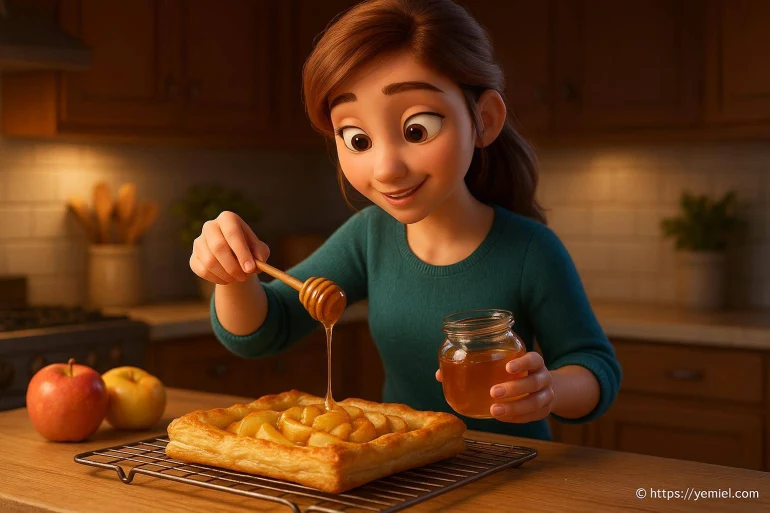Femme versant du miel sur tarte aux pommes