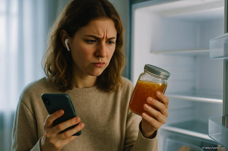 Femme examine un pot de confiture