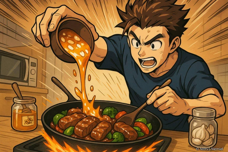 Homme anime cuisinant sauce viande poele