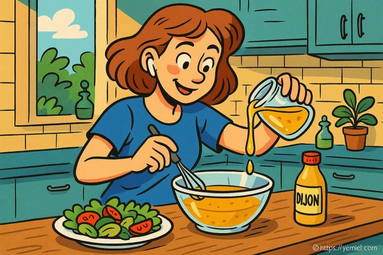 Femme prépare vinaigrette maison