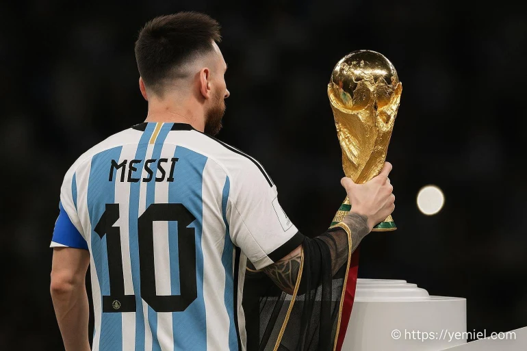 Lionel Messi tenant la Coupe du Monde