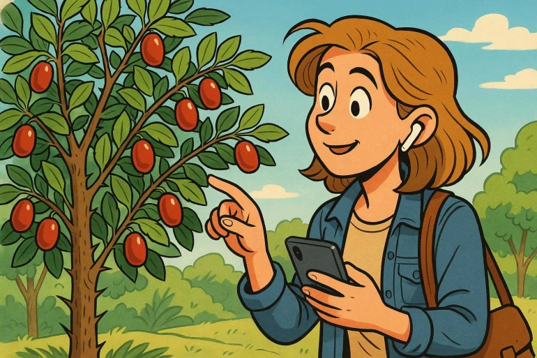 Jeune femme observe un arbre fruitier