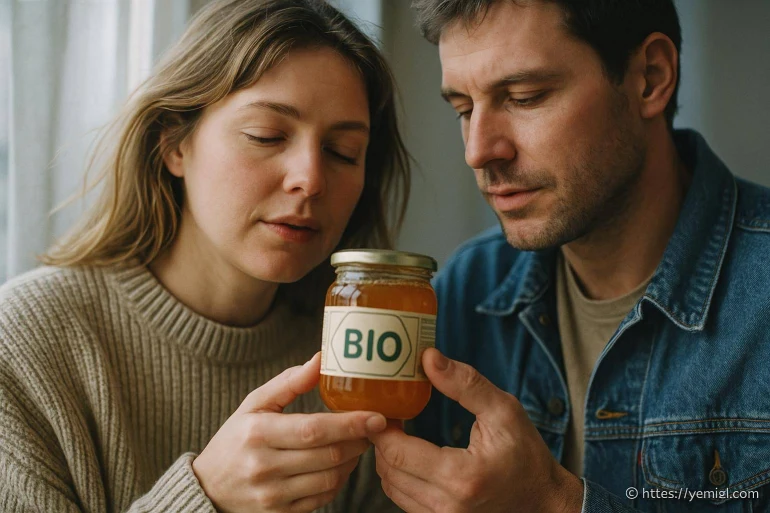 Couple examinant un pot de miel bio