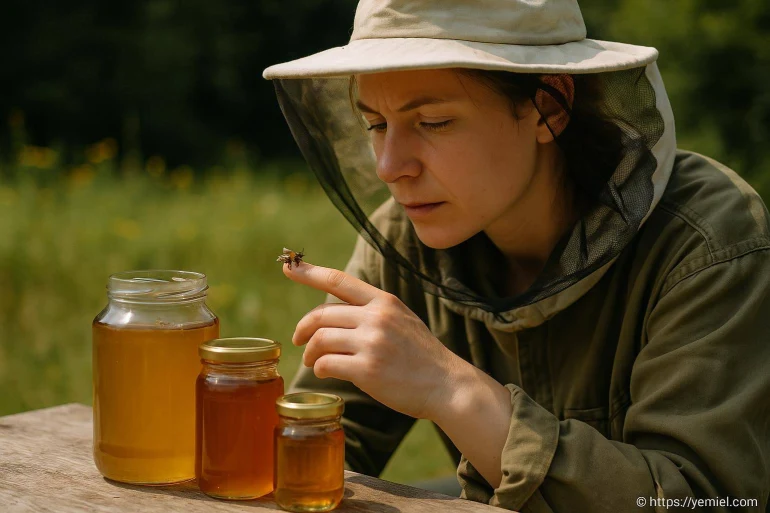 Apicultrice avec abeille et pots de miel