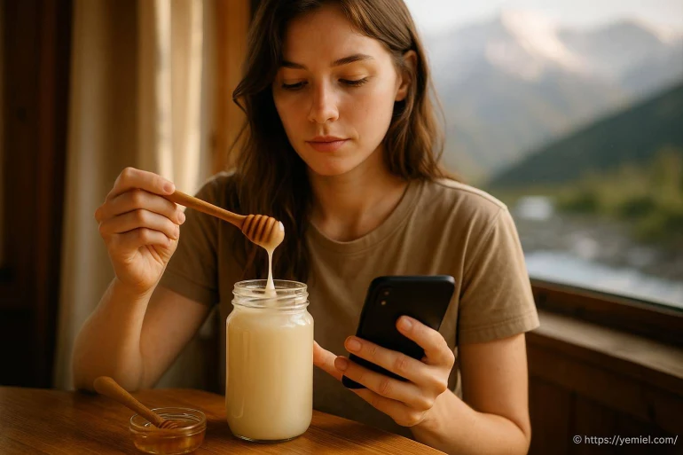 Jeune femme utilisant miel et téléphone