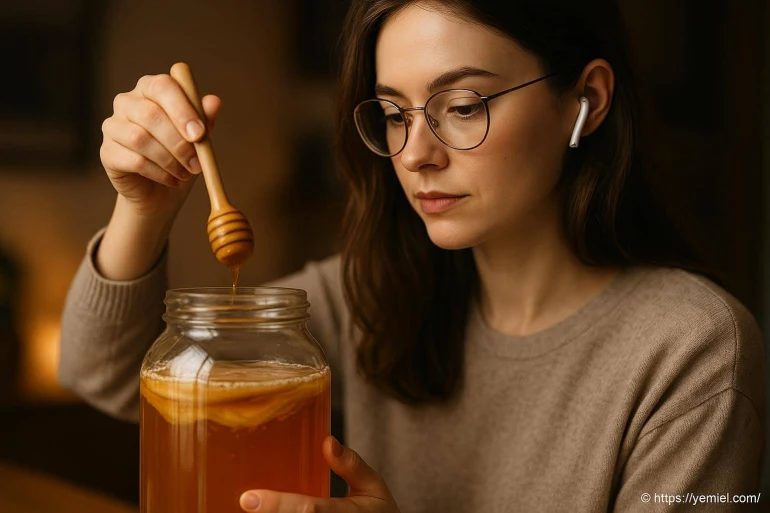 Femme versant miel d un pot en verre