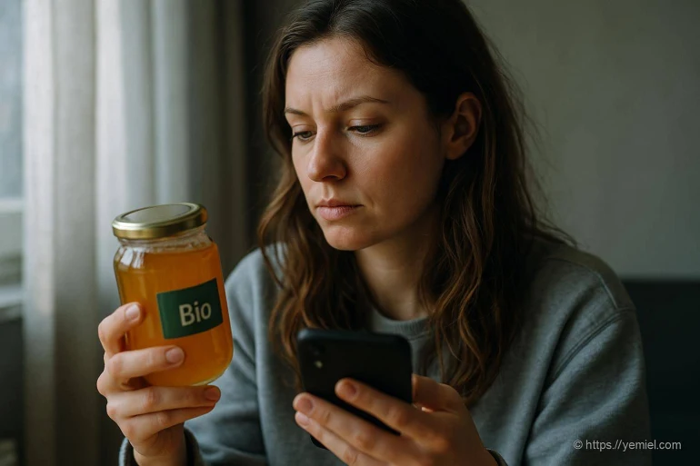 Femme lit étiquette pot miel bio
