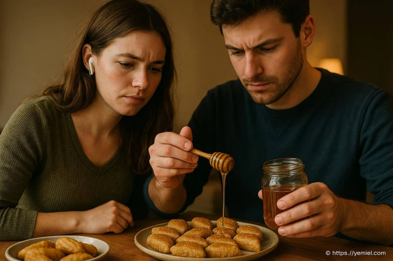Couple versant du miel sur des biscuits