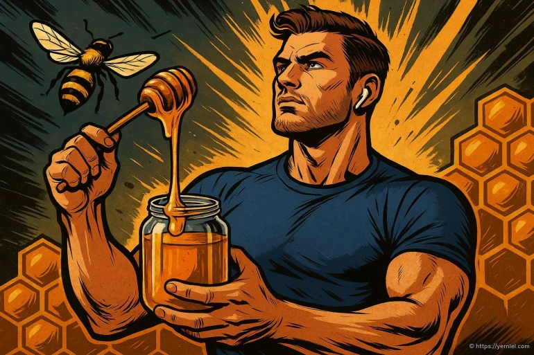 Homme musclé tenant pot de miel