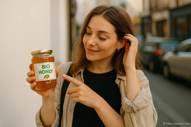 Femme montrant un pot de miel bio