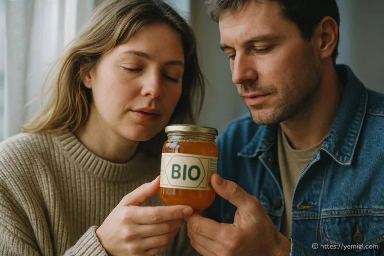 Couple examinant un pot de miel bio