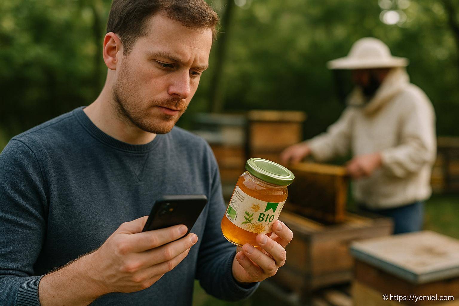 Homme vérifiant un pot de miel bio
