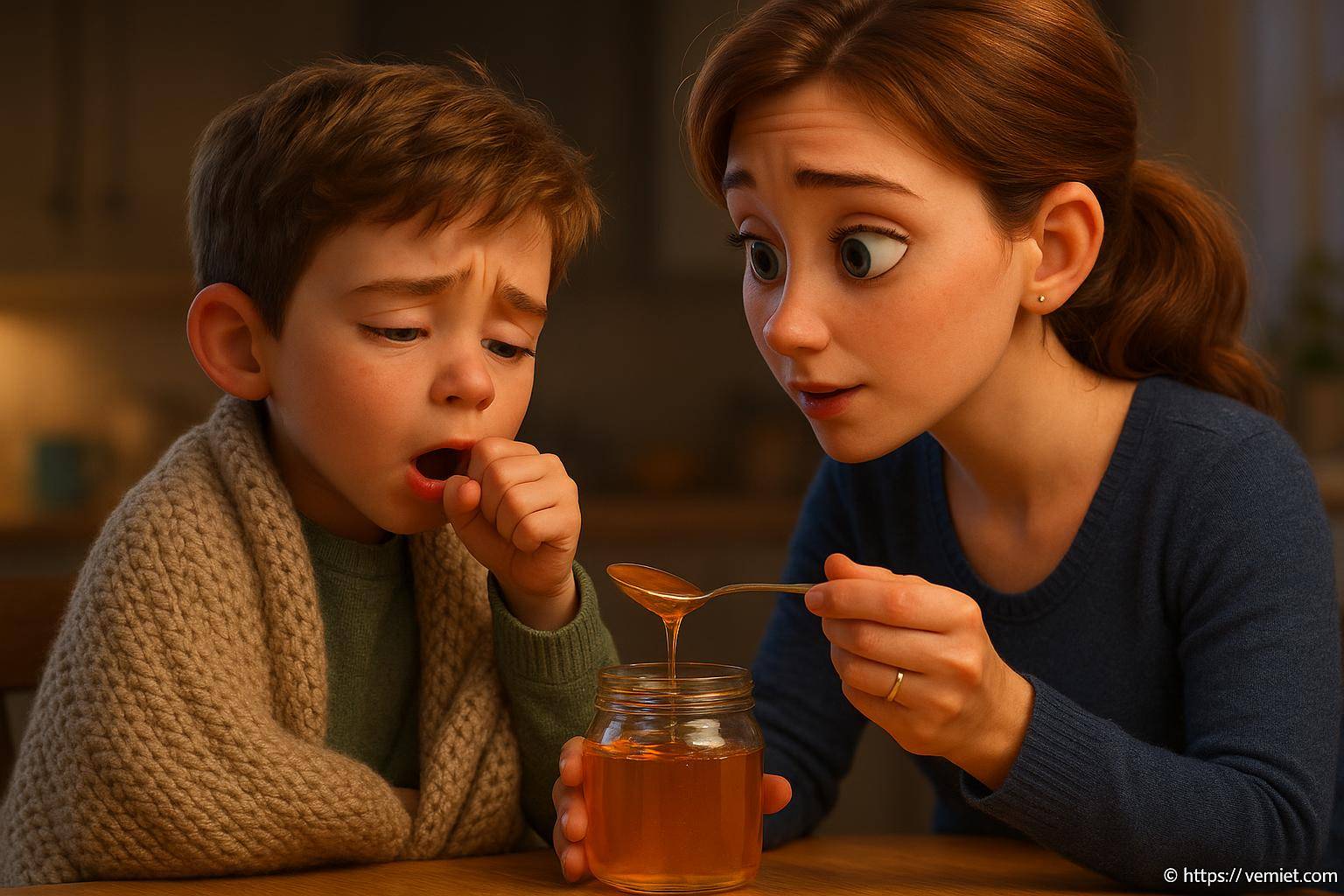 Mère donnant du miel à enfant malade