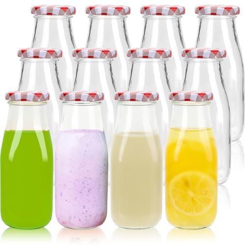 Lot de 12 bouteilles de lait avec couvercles vichy en verre 