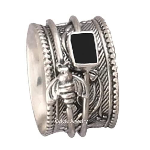 Bague de méditation en argent sterling 925 massif avec abeil