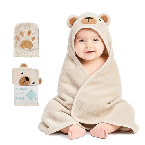 CuddleBug Cape de Bain Bébé & Gant, Coton, Ours Beige Miel