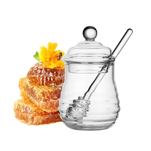 FHISKUNYU Pot à Miel en Verre 300ml en verre avec agitateur
