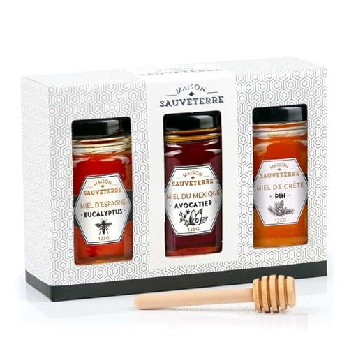 Coffret cadeau 3 miels du Monde et cuillère à miel - Coffret
