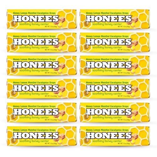 Honees Gouttes contre la toux au miel et au citron garnies de miel, de menthol, de citron et d'eucalyptus - Rien d'artificiel - Pastilles naturelles pour maux de gorge - Sans OGM (12 paquets - 108
